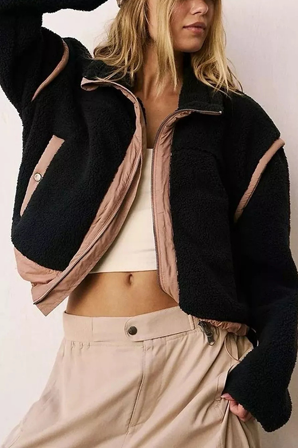 Stylish Patchwork Stand Collar Sherpa Zipper Jacket-consonak