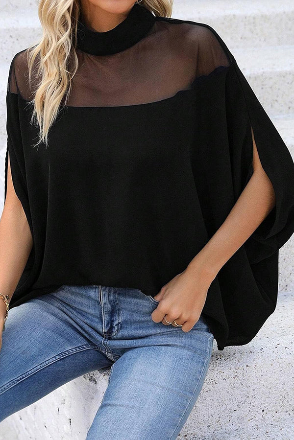 Fashionable Mesh-paneled Batwing Sleeve High-neck Loose Top-consonak