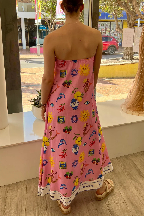 Linen Blend Unique Print Sleeveless Off-shoulder Casual Vacation Maxi Dress-consonak
