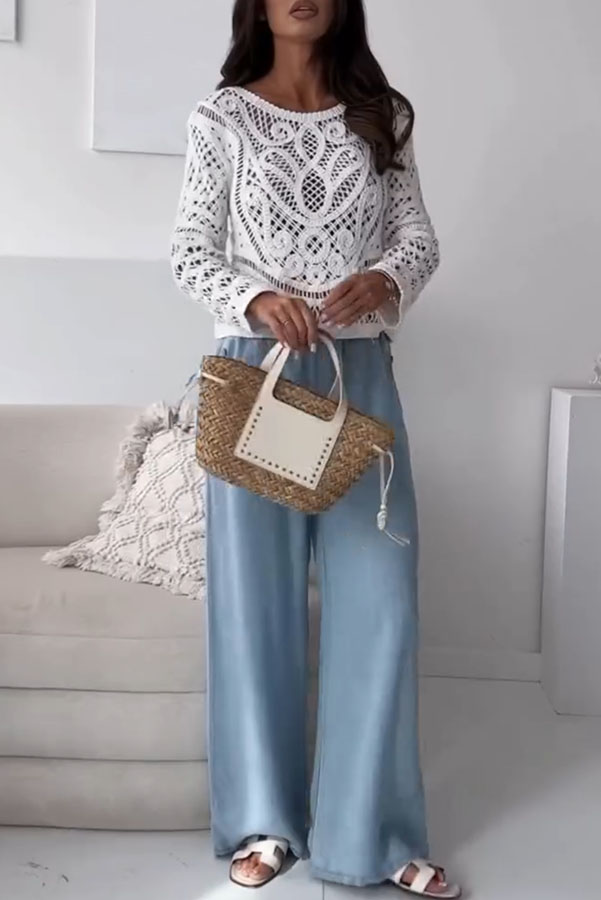 Lopez Knit Crochet Cutout Unique Pattern Long Sleeve Loose Top