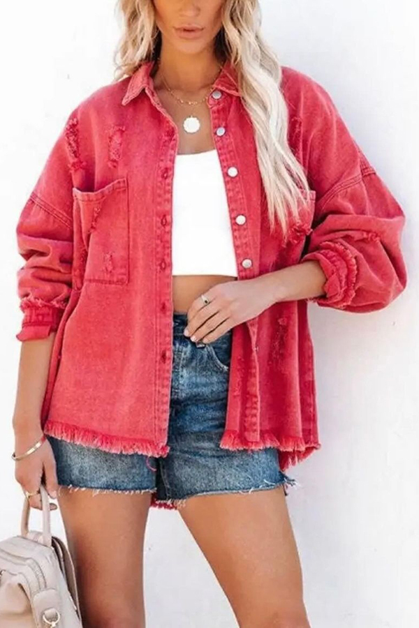 Stylish Lapel Long Sleeve Ripped Denim Jacket-consonak
