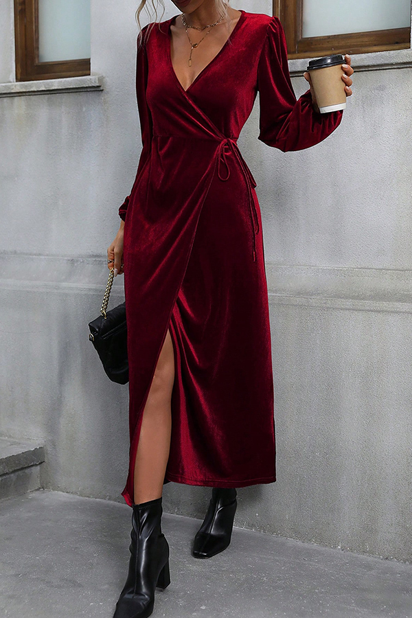 Velvet Long-sleeve V-neck Tie-waist Slit Maxi Dress-consonak