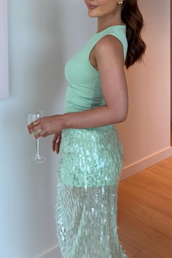 Unspoken Glamour Crepe and Fish Scale Sequins Ruffle Ruched Drape Maxi Dress-consonak