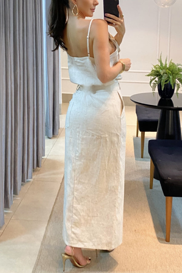 Charming Lady Linen Blend Floral Embellishment Tank and High Rise Pocketed Slit Skirt Set-consonak