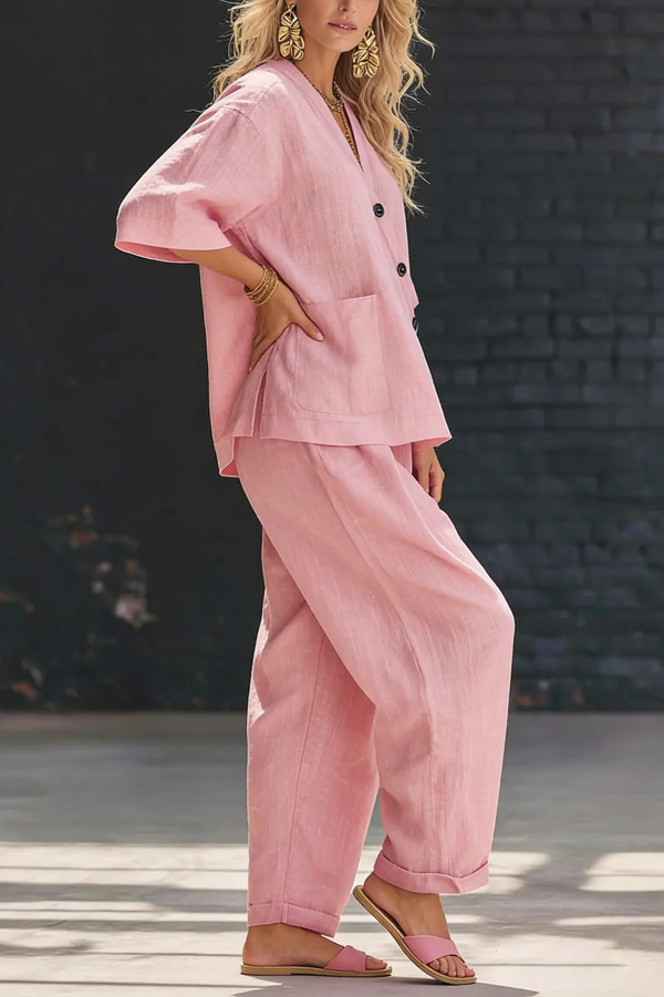 Linen Blend Solid Color V-neck Short-sleeved Loose Top and Elastic Waist Pocket Casual Pants Set