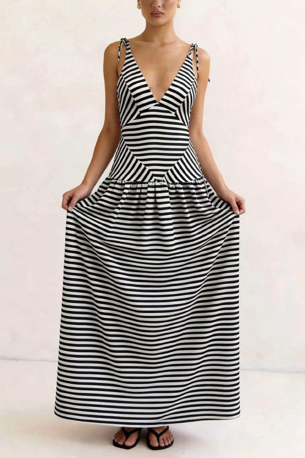 Striped Print V-neck Sleeveless Casual Vacation Maxi Dress