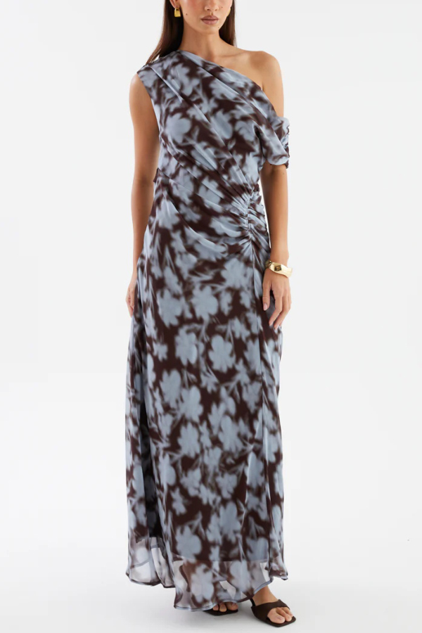 Unique Print Asymmetrical Off-Shoulder Pleated Waist Casual Maxi Dress