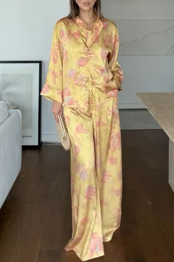 Floral Print Satin Knotted Button Long Sleeve Shirt and Elastic Waist Pocket Wide Leg Pants Set-Consonak