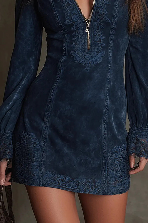 Elegant Embroidered Lace Patchwork Slim-fit Mini Dress-consonak