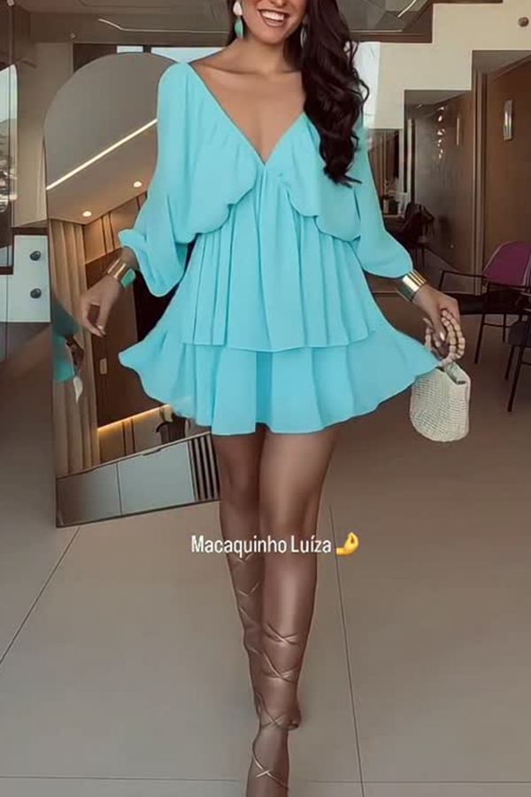 Verne Chiffon Batwing Sleeve Elastic High Waist  Layered Hem Loose Mini Dress-consonak