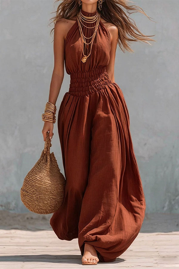 Flowy Smocked Waist Wide-Leg Palazzo Romper-Consonak