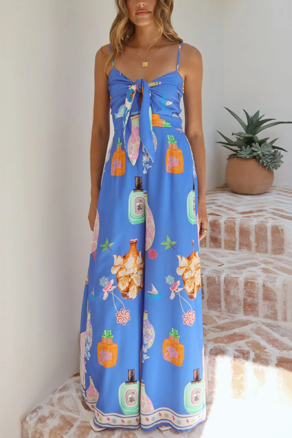 Perfume Bottle Print Strappy Fitted Waist Casual Pocket Wide-Leg Jumps