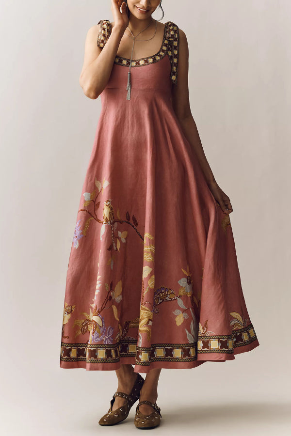 Linen Blend Unique Printed Tie-up Suspenders Pocket Elegant  Vacation Maxi Dress