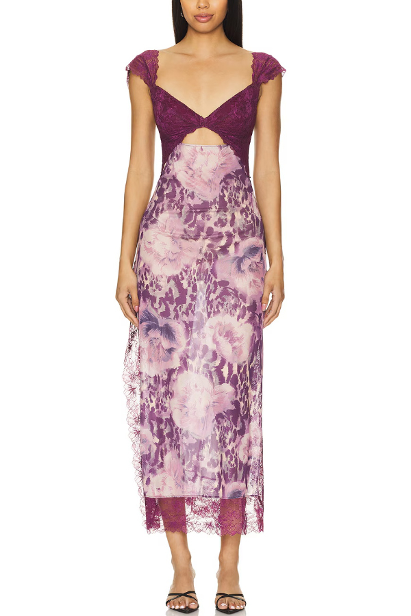 Floral Print Lace Patchwork Hollow-out Slim-fit Midi Dress-consonak