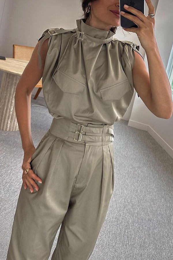 Statement Breast Pocket High Neck Top and Side Pocket Belt Long Pant Set-consonak