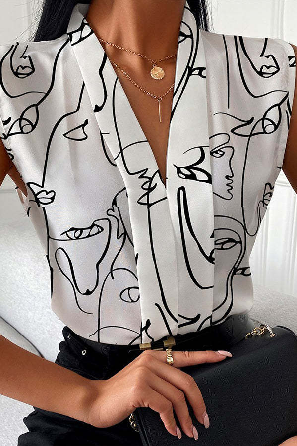 Marble / Abstract Print V-Neck Casual Top-consonak