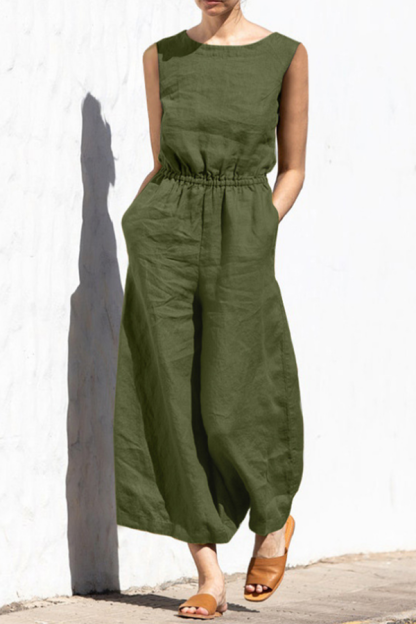 Fern Linen Blend Pocketed Button Back Elastic Waist Jumpsuit-consonak