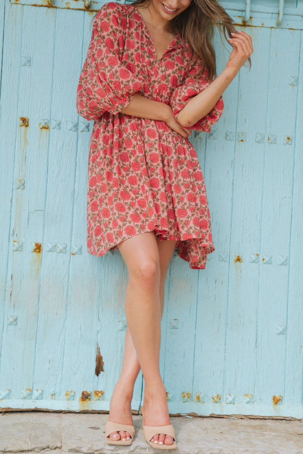 Floral Print Loose Round Neck Tie-up Casual Vacation Mini Dress