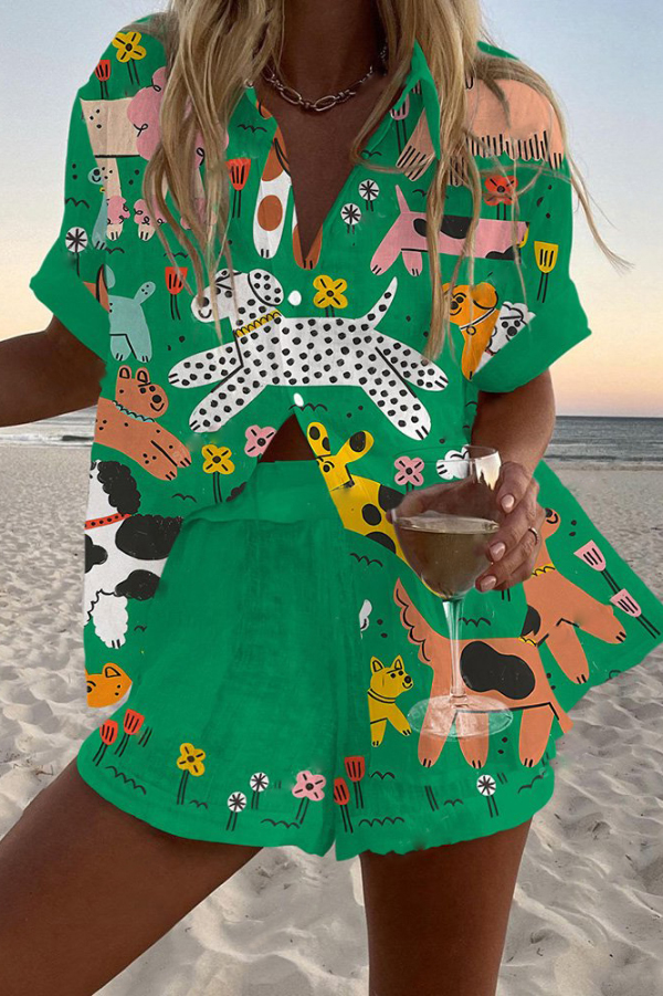 Dog Paradise Print Loose Button Elastic Waist Shorts Set-consonak
