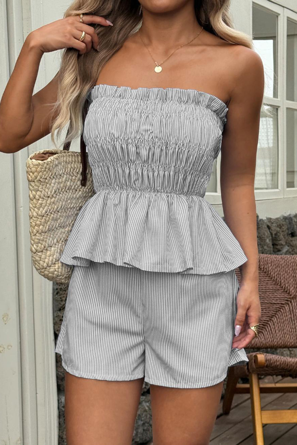 Striped Printed Sleeveless Off-shoulder Ruched Top and Elastic Waist Casual Pocket Shorts Set-Consonak