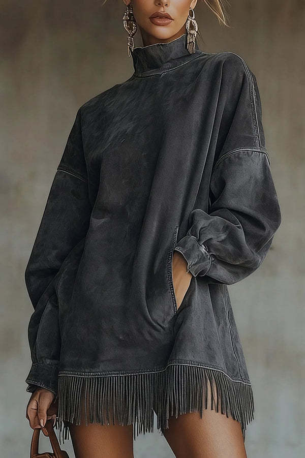 Stylish Suede High-neck Long-sleeved Loose-fitting Pockets Tassel Mini Dress-consonak