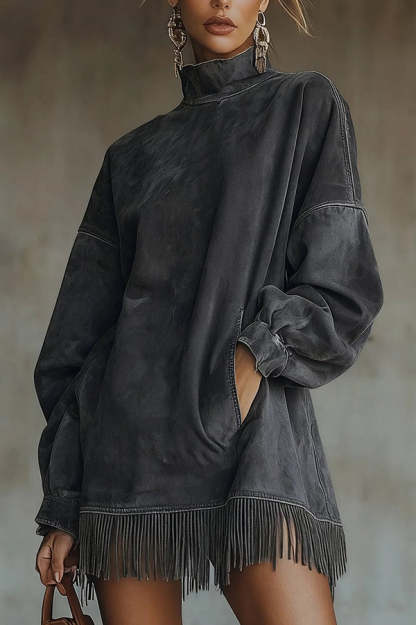 Stylish Suede High-neck Long-sleeved Loose-fitting Pockets Tassel Mini Dress-consonak