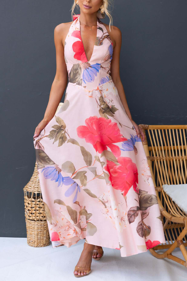 Floral Print V-neck Backless Tie-up Fitted Waist Elegant Maxi Dress-consonak