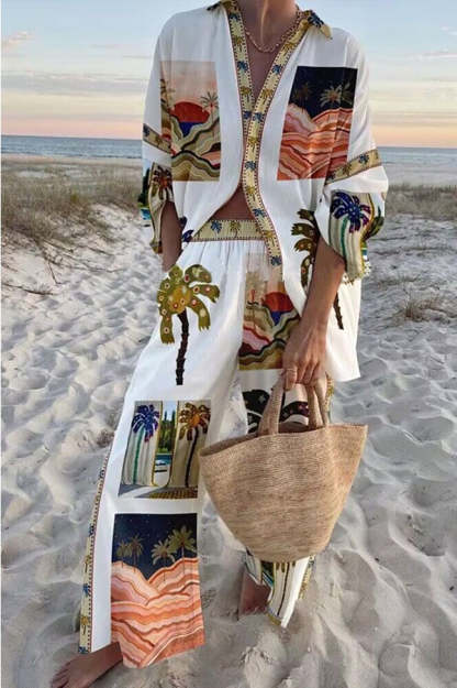Beach Memories Palm Print Oversized Blouse and Elastic Waist Pocketed Pants Set-consonak
