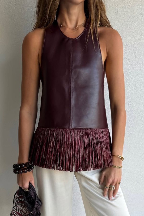 Stylish Halter Neck Sleeveless Leather Tassel Loose Top | Consonak
