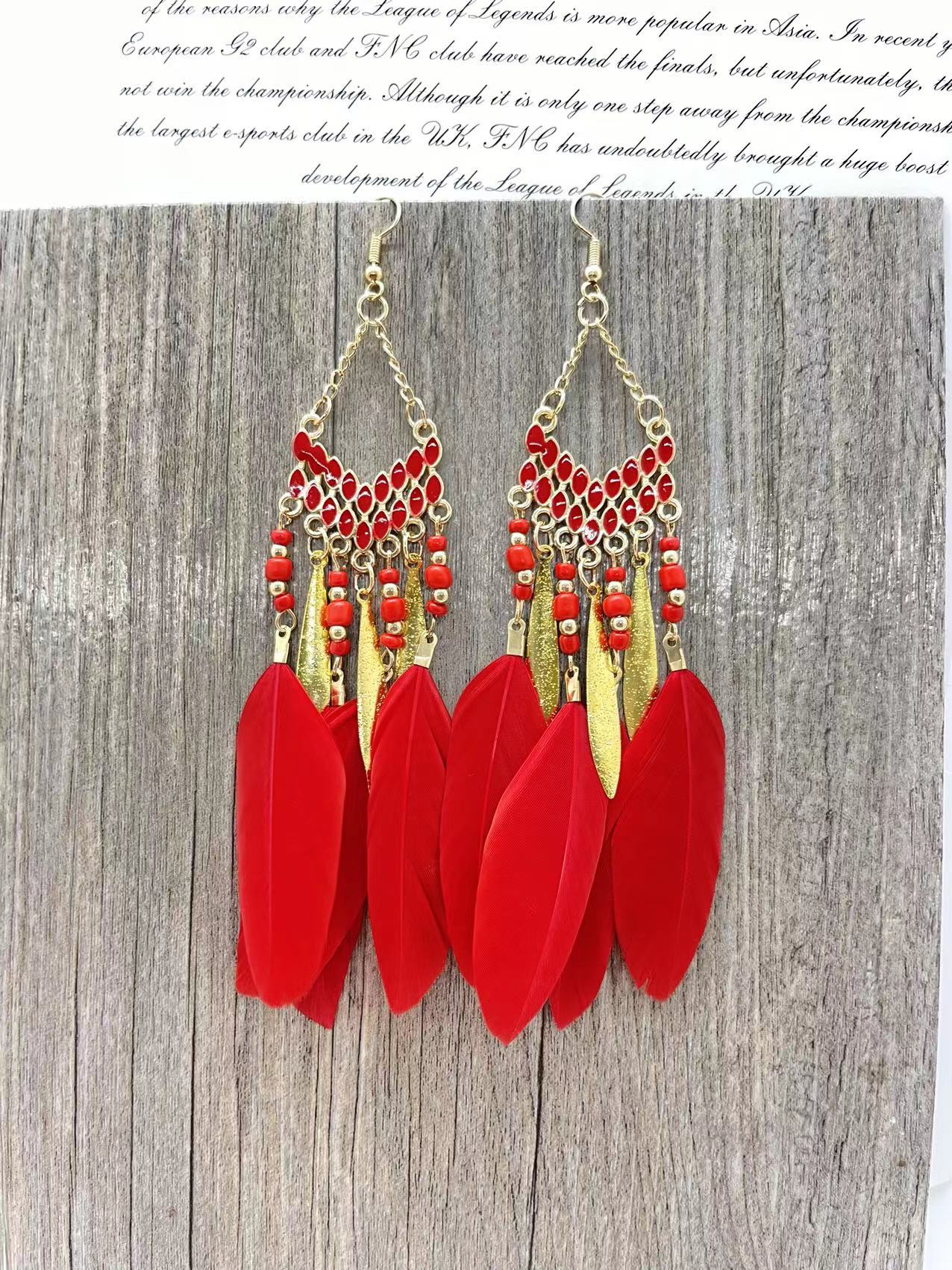 Vintage chain tassel bohemian feather earrings-consonak