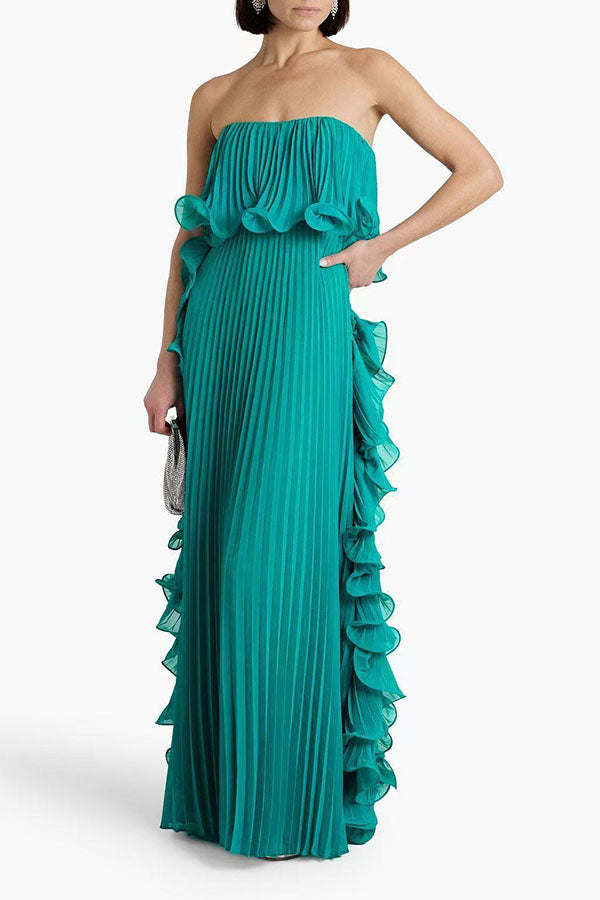 Reina Chiffon Pleated Wavy Ruffles Trim Strapless Loose Maxi Dress | Consonak
