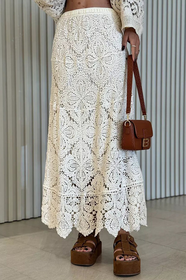 Anina Knit Crochet Cutout High Rise Elastic Waist Maxi Skirt