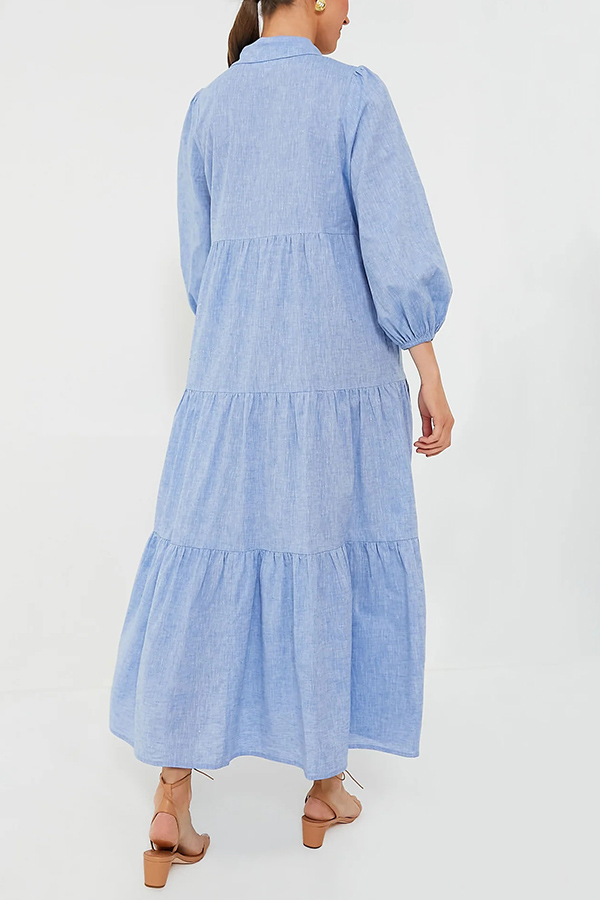 Solid Color Lapel Elastic Cuffs Loose Maxi Dress-consonak