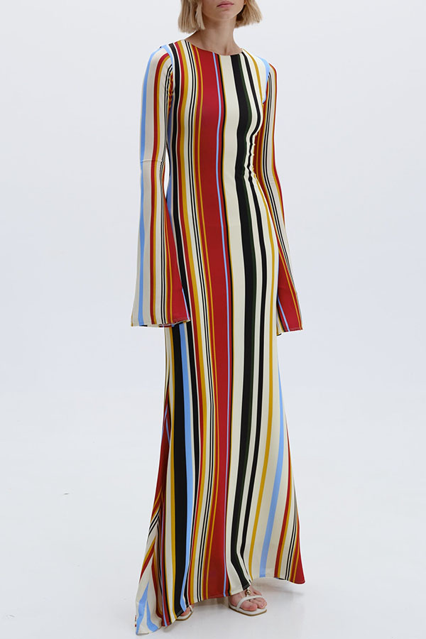 Vibrant Holiday Colorful Striped Print Extra Long Sleeve Fitted Flared Maxi Dress-consonak