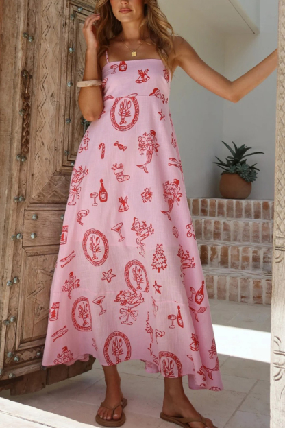 Unique Printed Sleeveless Square Neck Casual Vacation Maxi Dress