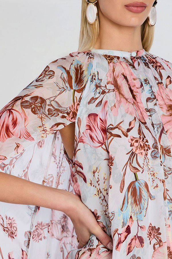 Sunset Frequency Tropical Print Ruched Hem High Low Cape Maxi Dress