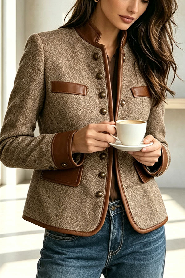 High-end French Retro Style Velvet Color-blocked Suit Collar Wool Coat-Consonak
