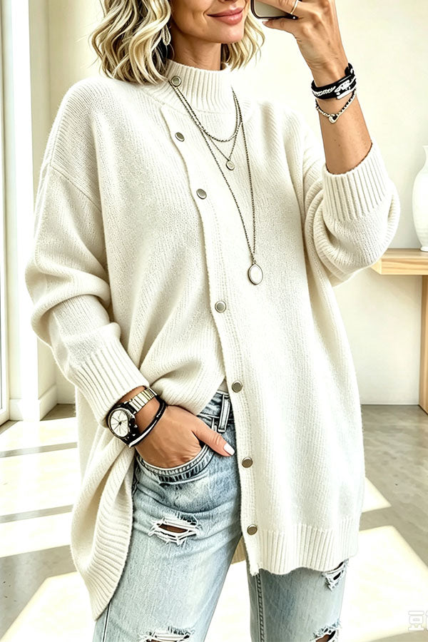 Warm Season Knit Turtleneck Button-down Long Sleeve Loose Sweater-Consonak