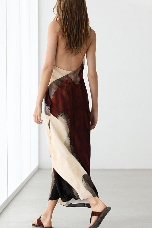 Flowing Rhythm Artistic Printed Ruffle Detail Halter Neck Midi Dress-consonak