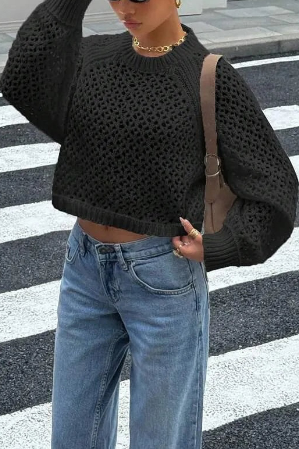 Fashionable Openwork Round Neck Long-sleeved Backless Tie Knit Sweater