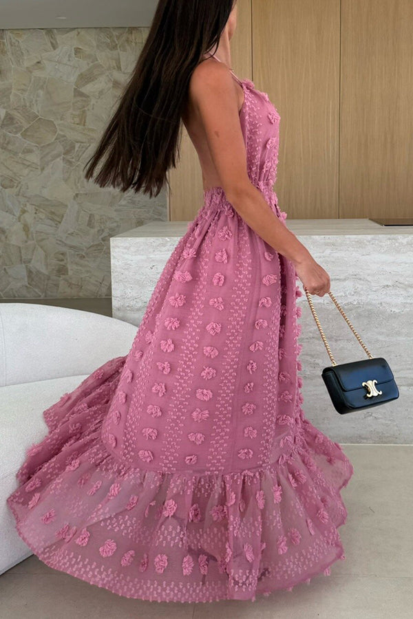 Gloria Embroidery Flowers Elastic Waist Halter Backless Slit Maxi Dress-consonak