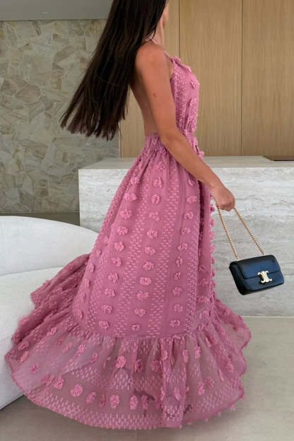 Gloria Embroidery Flowers Elastic Waist Halter Backless Slit Maxi Dress-consonak