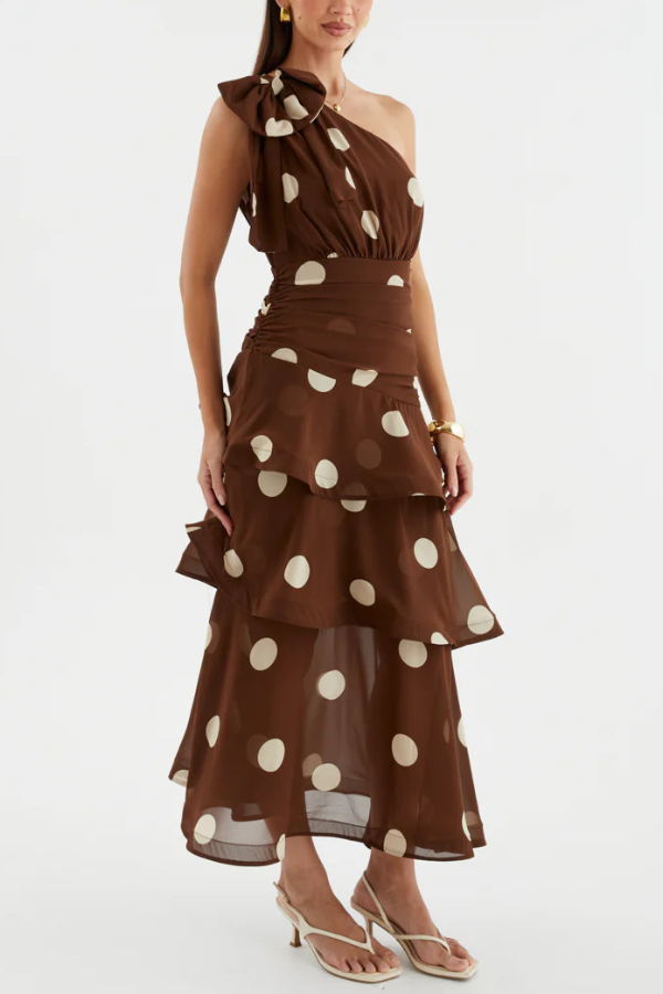Fashionable Polka Dot Print One-shoulder Sleeveless Layered Mesh Maxi Dress | Consonak