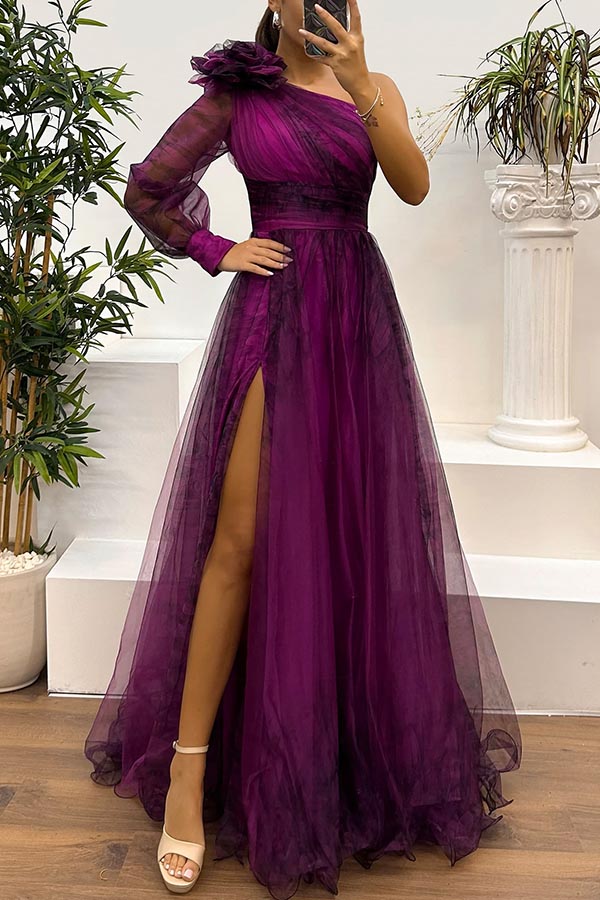 Guest List Tulle Printed Flower Pendant One Shoulder Pleated Slit Maxi Dress-consonak