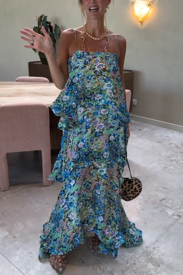 Armani Georgette Fabric Floral Print Tiered Slip Square Neck A-line Maxi Dress | Consonak