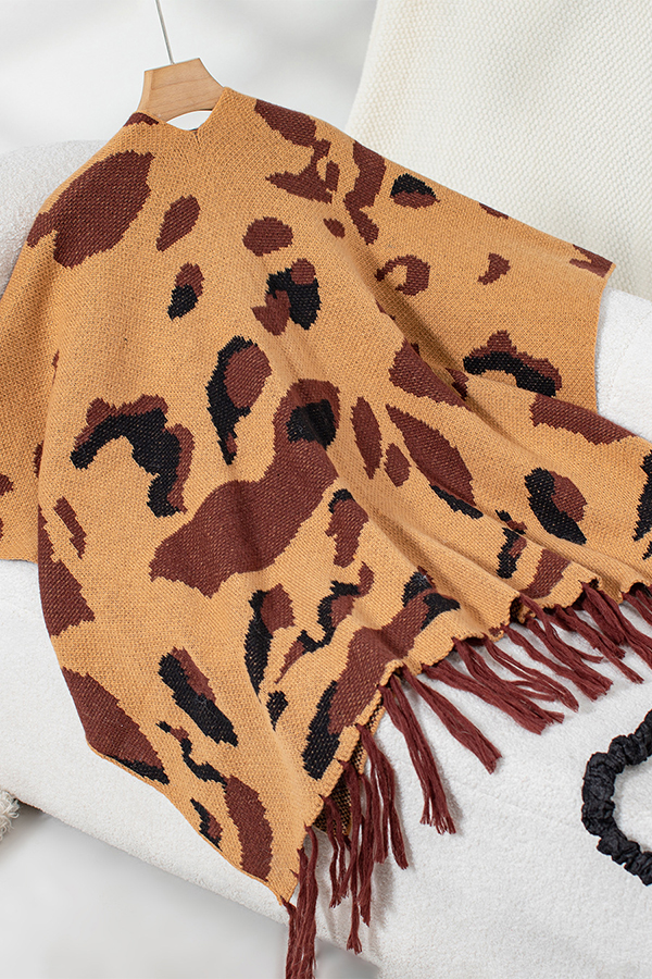 Fashionable Leopard Print Contrast Tassel Hem Loose Knitted Shawl-consonak