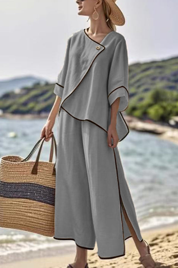 Stylish Color Trim Asymmetrical Casual Top and Elastic Waist and Wide-leg Pant Set-consonak