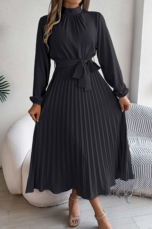 Elegant Stand-collar Long-sleeve Waisted Tie-up Pleated Midi Dress-consonak