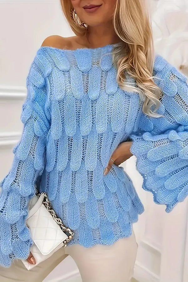 Elegant Feather Hollow Loose Bell Sleeve Knitted Sweater-consonak
