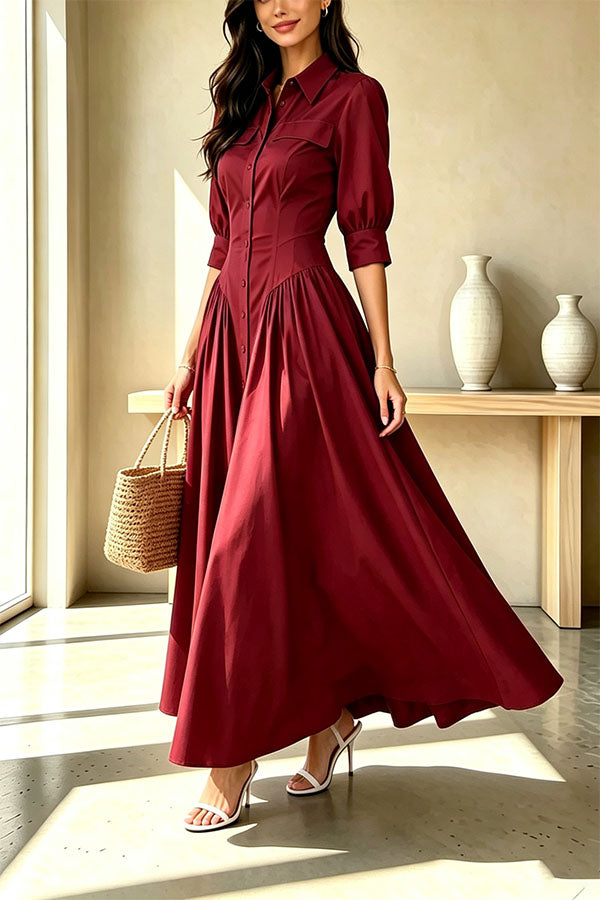 Elegant Linen Blend High Waisted Button Front Detail Pocket Shirt Umbrella Maxi Dress-Consonak
